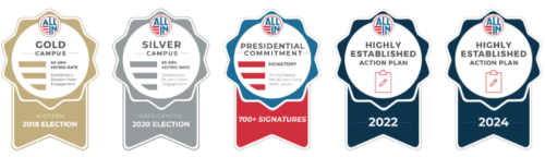 All In Campus Democracy Challenge Seals: Gold (2018), Silver (2020), Presidential Commitment, Highly Established Action Plan (2022, 2024)